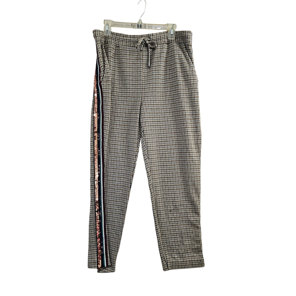Maeve Anthropologie Joggers Womens Medium Brown Plaid Sequin Side Stripe Pants